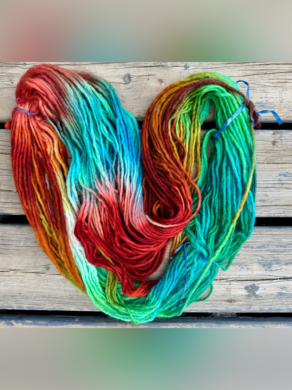 Hand-Dyed Multicolor Wool Yarn — Vibrant Red, Green, Blue Tones